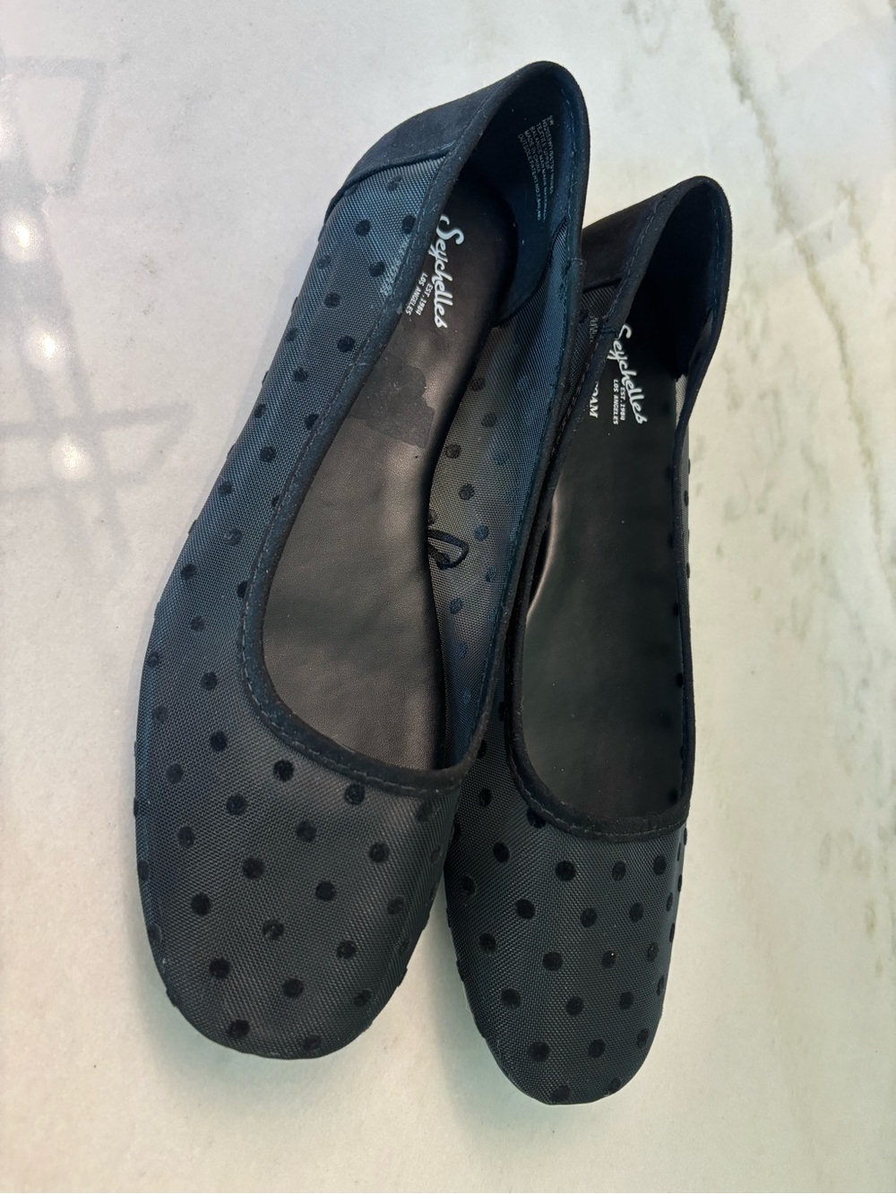 Anthropologie Seychelles polka dot sheer mesh ballet flats black 9w Memory Foam